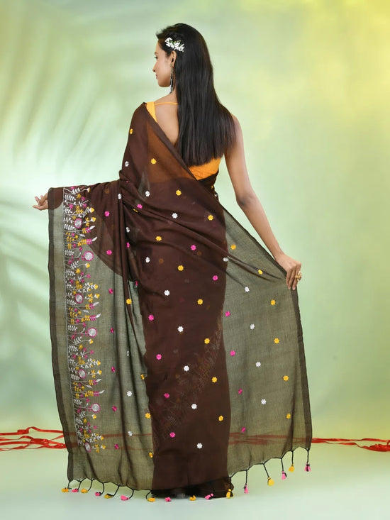 All Over Thread Floral Embroidery Brown Cotton Saree-MA62CT33610072