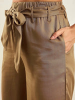 Women Khaki Notch Collar Shirt With Paperback Waist Pants