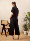 Women Black Schiffli Crop Shirt With Wide Leg Pants