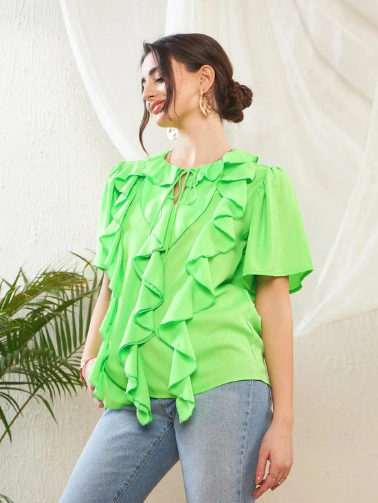 Women Green Short Sleeves Ruffle Top