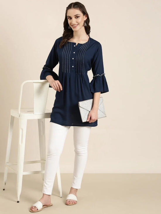 Women Navy Blue Solid A-Line Kurti-NJ-3748226-Navyblue