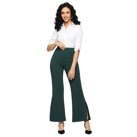 Smarty Pants Women's Polyester Lycra Slit Bell Bottom Bottle Green Formal Trouser