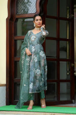 Vaasva Women Green  Embroidered Anarkali Kurta With Solid Pant & Dupatta-130-Vaas-Green