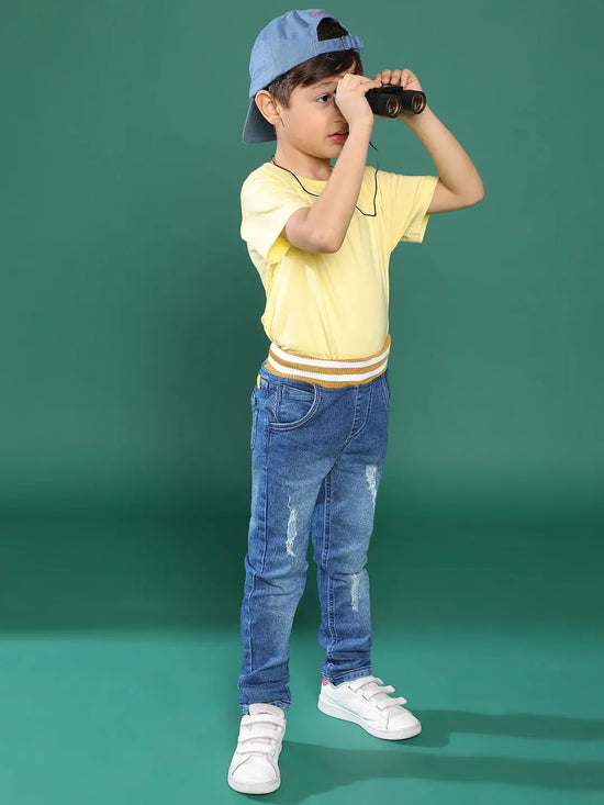 Tales & Stories Blue Solid Denim Joggers For Boys