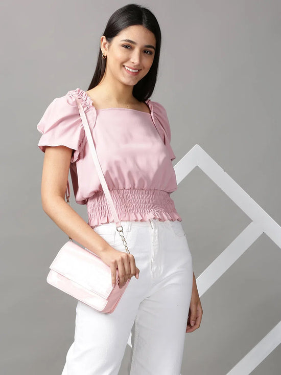 Women's Pink Solid Cinched Waist Crop Top-RY-2126-Pink