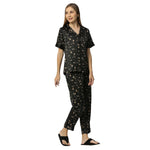 Smarty Pants Women's Silk Satin Black Color Star Print Night Suit-SMNSP-912-S