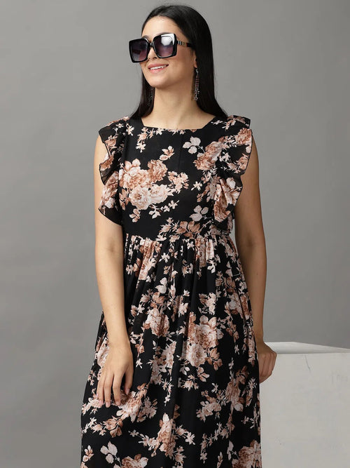 Women's Black Floral Fit and Flare Dress-AE-15731-Black