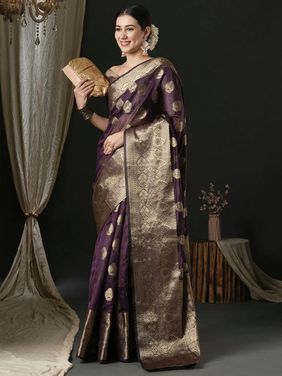 Saree Mall Women's Organza Purple Woven Design Designer Saree With Blouse Piece-UNATI2003