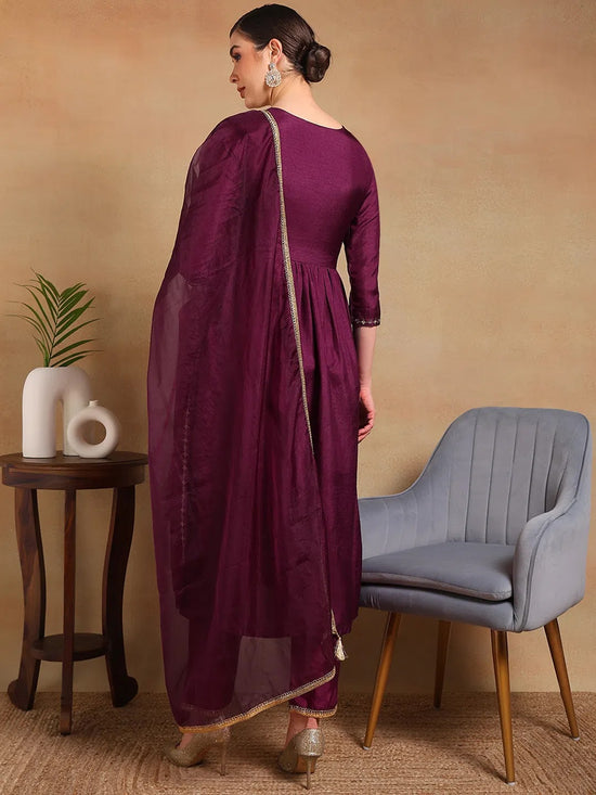 Ahika Women Purple Silk Blend Yoke Design Straight Kurta Pant Set With Dupatta