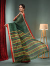 Forest Green Silk Linen Handwoven Saree With Temple Border-MA50SLN061100098