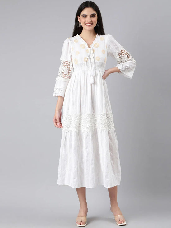 Women Off White Solid Fit and Flare Dress-ON-0028-Offwhite