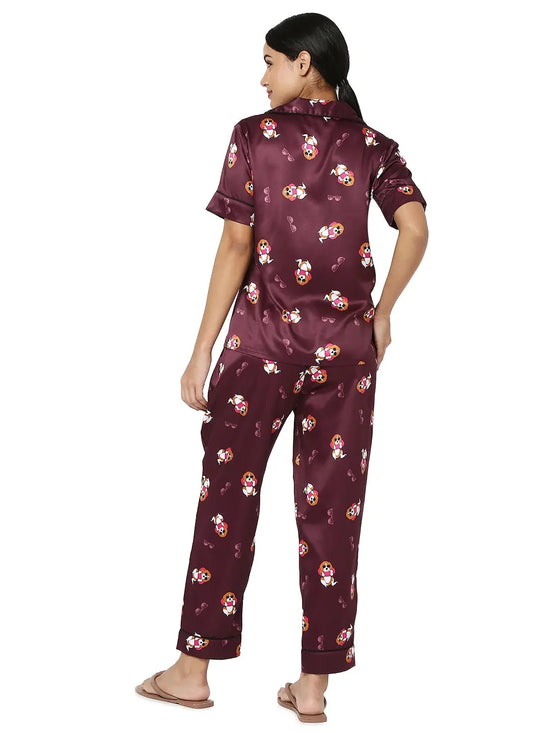 Smarty Pants Women's Silk Satin Maroon Color Dog Print Night Suit