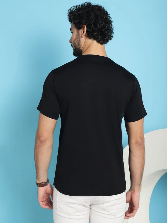 Venitian Men Printed Round Neck Black Cotton Lycra T-Shirt