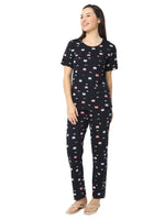 Smarty Pants Women's Cotton Lycra Navy Blue Color Printed Night Suit