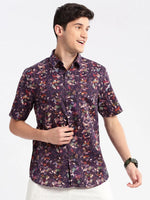 Men Spread Collar Abstract Purple Casual Shirt-REVERIE-2110-Purple