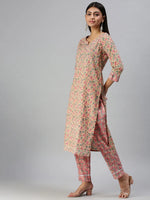 Women's Beige Printed Kurta Sets-SS362A-Cream