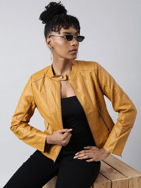 Women Solid Mustard Biker Jacket-8809-Mustard