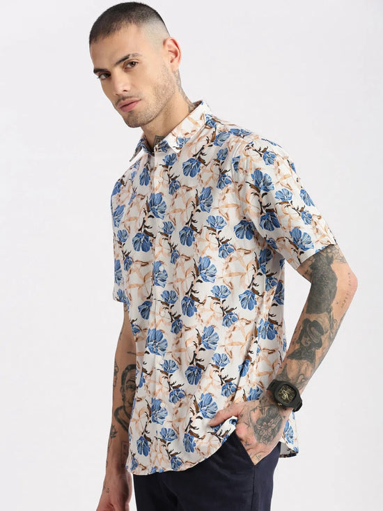 Men Spread Collar Floral Peach Casual Shirt-REVERIE-2125-Peach