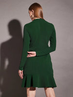 High neck mini dress with frill at bottom in Green Color