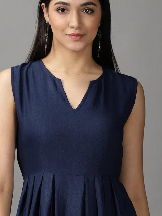 Women's Navy Blue Solid Fit and Flare Dress-AE-15750-Navyblue