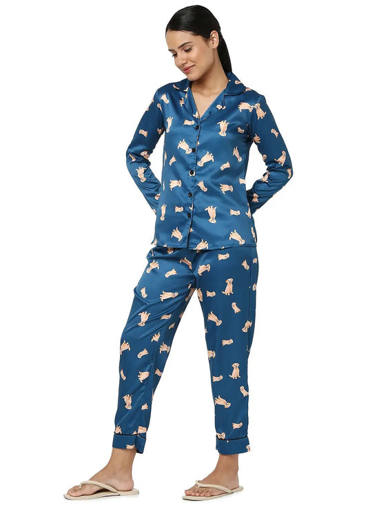 Smarty Pants Women's Silk Satin Teal Blue Color Dog Print Night Suit