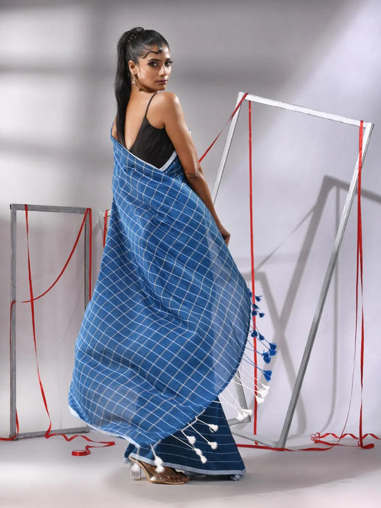 Sapphire Blue Cotton Saree With Check Designs-MA55CT06520144