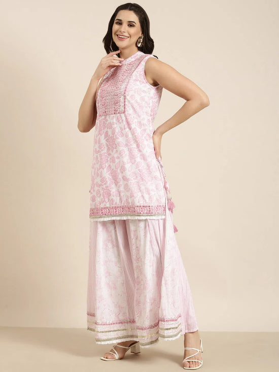 Women Straight Pink Floral Kurti and Palazzos Set Comes With Dupatta-TF-160-Pink