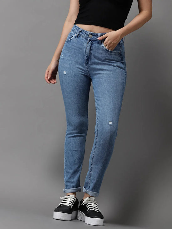 Women's Blue Solid Slim Fit Denim Jeans-GZ-5206-Blue