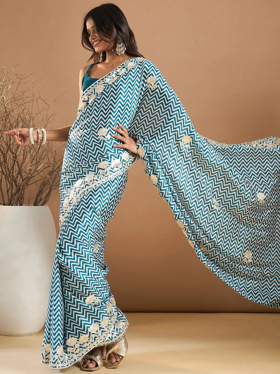 Saree Mall Women's Chiffon Teal Blue Embroidered Designer Saree With Blouse Piece-SRENIK1757B