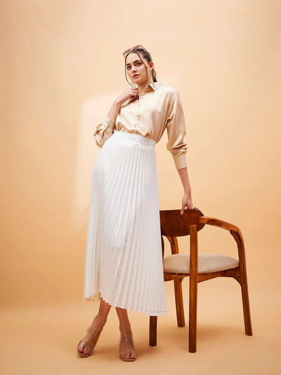 Women White Accordion Pleated Belted Midi Skirt