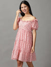 Women's Pink Floral Fit and Flare Dress-HQ-6-Pink