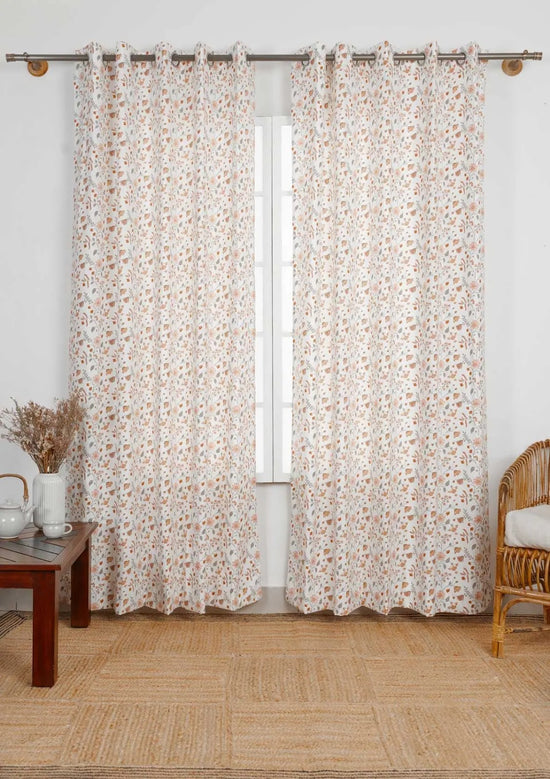 Forest bloom 100% cotton floral curtain for living room - Room darkening - Orange - Pack of 1-2404210001