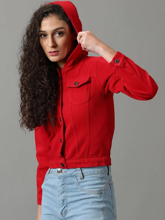 Women's Red Solid Denim Jacket-AE-9511-Red