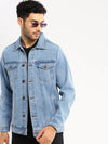 Men Blue Spread Collar Solid Denim Jacket-IB-DJ-07-1-Blue