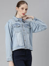 Women Blue Solid Denim Jacket-GZ-5476-Blue