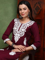 Ahika Women Burgundy Viscose Rayon Solid Embroidered Chikankari Straight Kurta