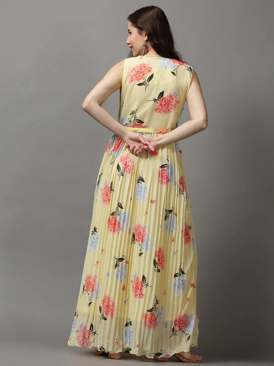 Women's Yellow Printed A-Line Dress-KG-586-Yellow