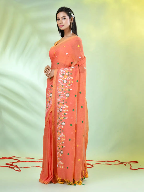 All Over Thread Floral Embroidery Orange Cotton Saree-MA62CT33610080