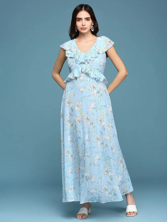 Women's Blue Printed Maxi Dress-DW-9219-Blue