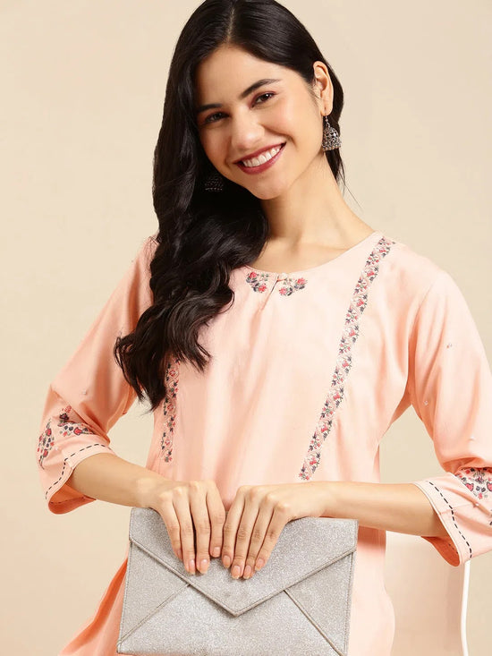 Women's Pink Embroidered Straight Kurta-DF-1202A-Peach