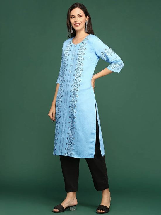 Women Blue Printed Straight Kurta-DF-1568-Blue