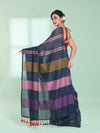 Dark Grey Cotton Saree With Stripes Design-MA59CT06530002