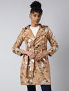 Women Abstract Longline Camel Brown Trench Coat-246-Camelbrown