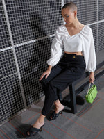 Women Black Waist Button Pants