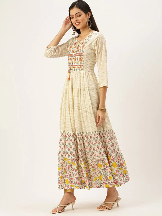 Women's Beige Printed Anarkali Kurtas-AT-A003-LG-Offwhite