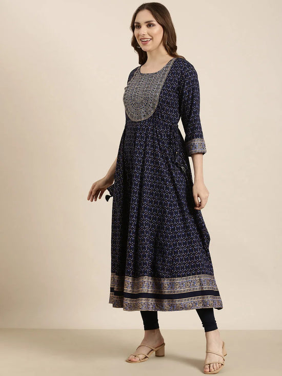 Women Anarkali Navy Blue Floral Kurta-AT-A915-LG-Navyblue