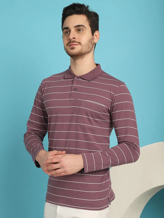 Venitian Men Striped Polo Neck Full Sleeves Onion T-Shirt Wih Pocket