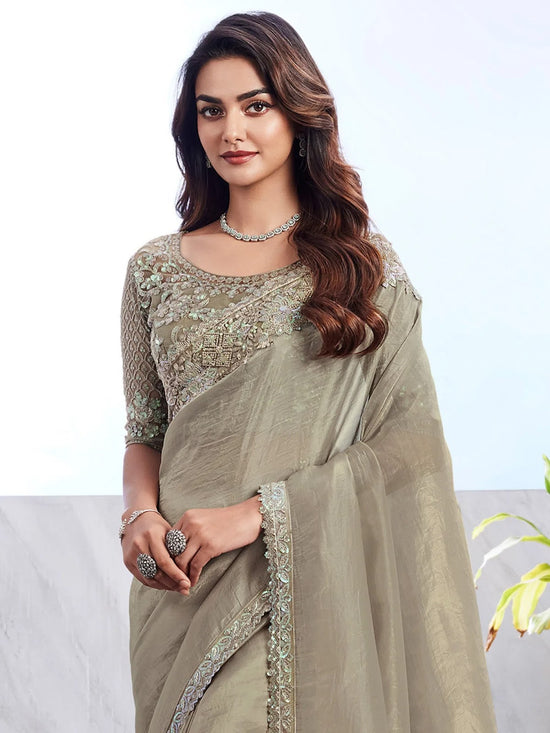 Saree Mall Women's Georgette Olive Embellished Designer Saree With Blouse Piece-SILVER29009