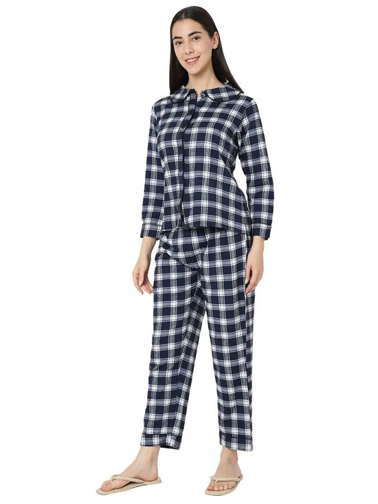 Smarty Pants Women's Brush Cotton White & Blue Color Checks Night Suit