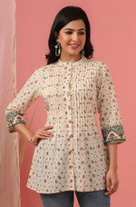 Ivory Floral Printed Pure Cotton A-Line Tunic